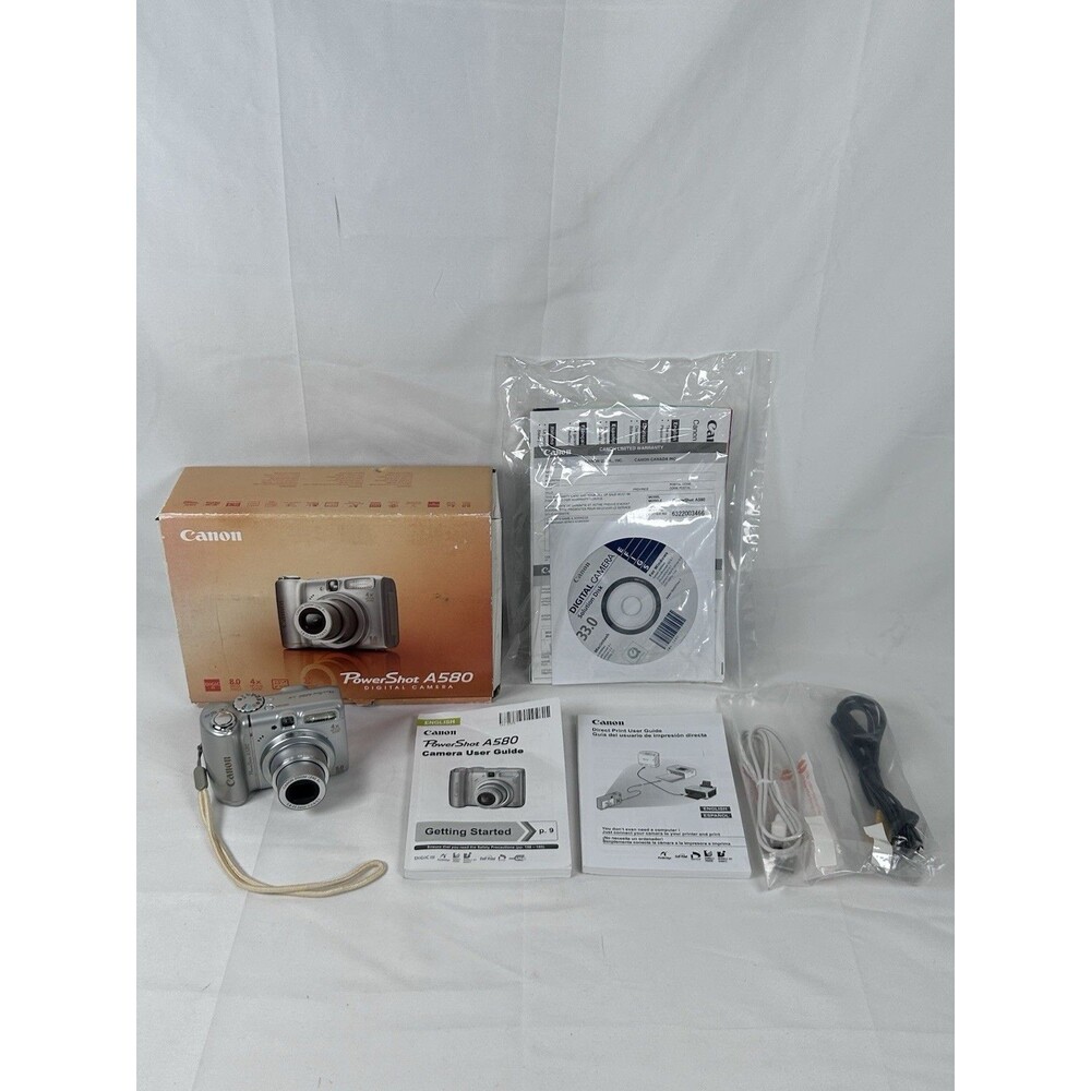 Canon PowerShot A580 8.0MP Digital Camera Silver w/ Box Manuals CD-ROM